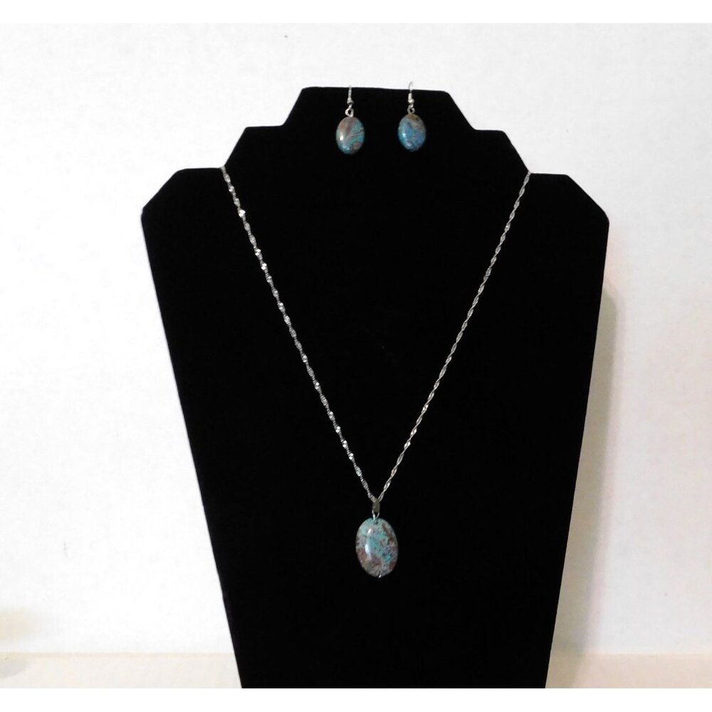 Turquoise Brown Stone Necklace Fishhook Pierced Earrings 20" Silver Tone Chain
